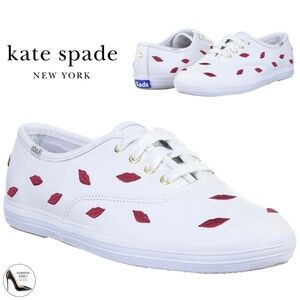Keds Kate Spade Champion Embroidered Lips White Leather Lace Up Fashion Sneakers